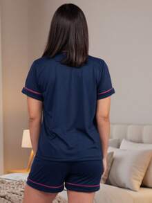 Women's American Blogger Pajamas With Super Comfortable Buttons New Release - Navy Blue - View 4