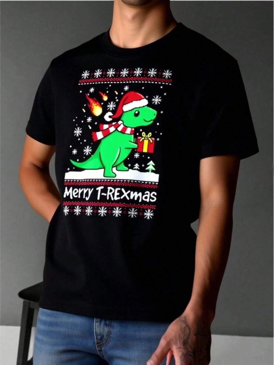 Playera divertida navidad casual unisex estampado-MERRY T-REXmas -tela suave cuello redondo manga corta otoño invierno reunión familiar - Negro - Ver 1