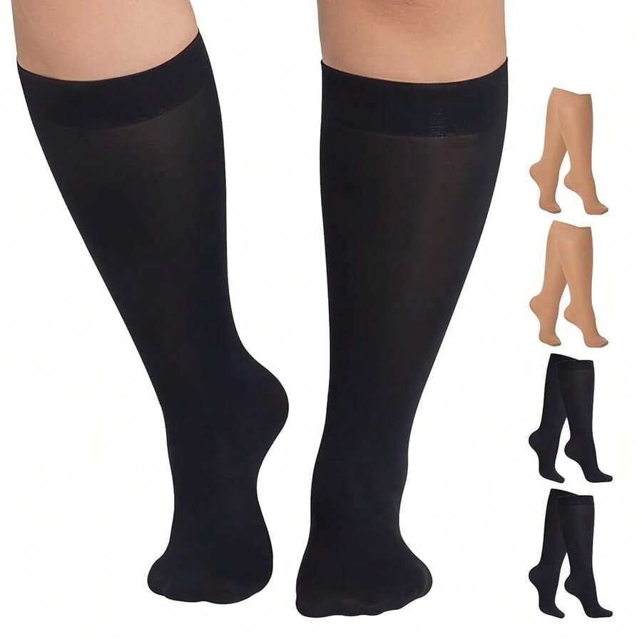 MANZI Plus Size Knee High Socks For Women Nylon Trouser Socks Women 40 Denier Semi Opaque Knee High Stockings{"Size_name":"X-Large-XX-Large","Color_name":"Black*2+NaturalNude*2"} - Đen*2+tự nhiênNude*2 - Xem 1