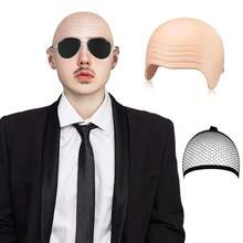 秃头帽逼真假秃头道具柔性尼龙秃头帽男女通用轻便舒适卷发造型派对万圣节恶作剧配饰中性色调中性假发 - 彩色 - 查看 11