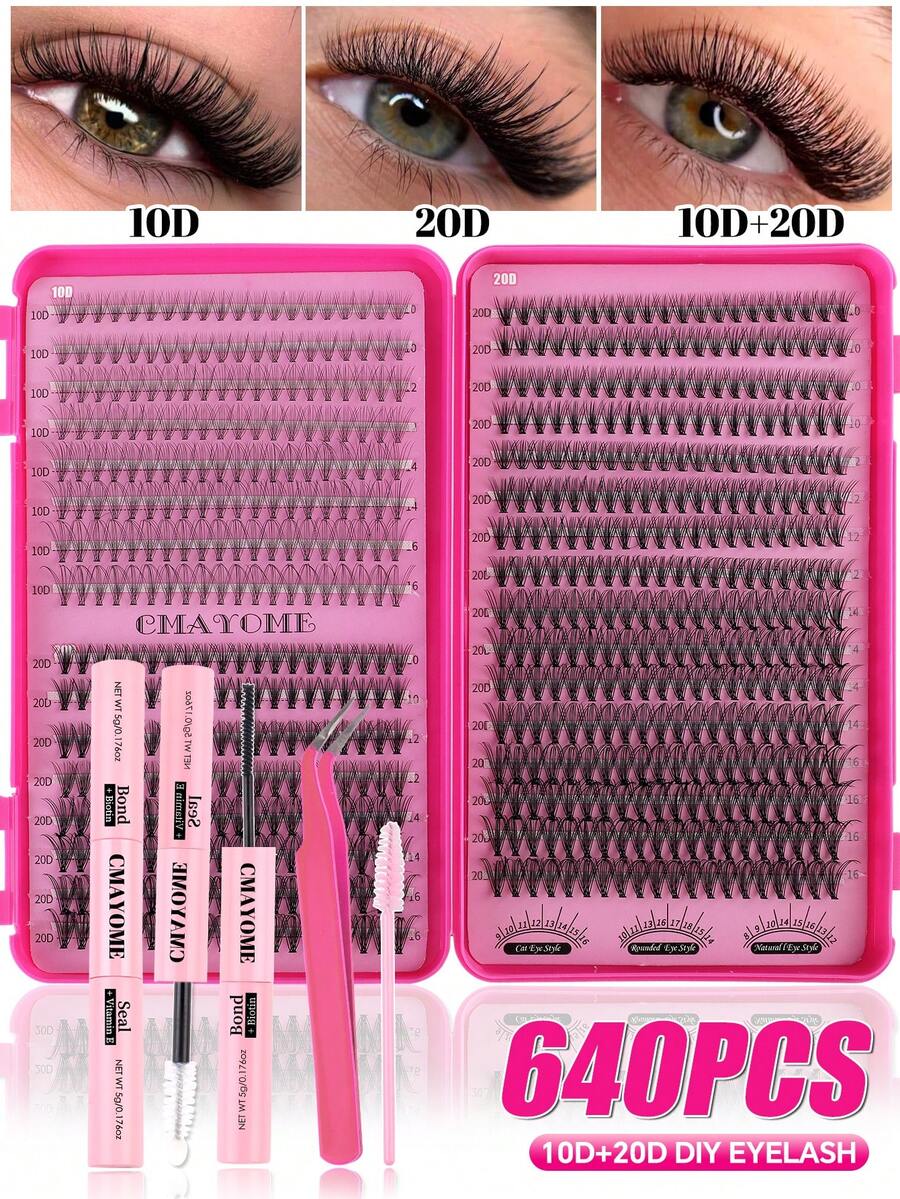 Set de extensión de pestañas en racimo DIY - 8-16mm, 640 palitos, 10D+20D+30D+40D, negro, set de pestañas sintéticas en racimo de gran capacidad. Set de extensión de pestañas en racimo con forma de D. Un set de extensión de rímel grueso y ligero adecuado para uso doméstico. Gran racimo de pestañas sintéticas