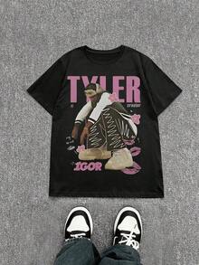 Retro Tyler Creator Graphic Tee Men's Printed T-Shirt Suitable For Daily Leisure, Outdoor Sports, Pure Cotton 200g - 黑色 - 查看 1