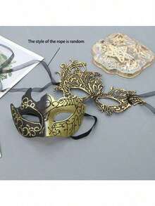 情侣化妆舞会面具 - 罗马和希腊风格黑金男士面具和威尼斯金属女士面具，蕾丝优雅女士面具，适合万圣节、狂欢节、情人节、圣诞节、威尼斯节日、角色扮演、时尚活动、时装秀、化妆舞会主题派对和晚宴活动，情侣服装派对装饰，主题活动配饰，精美图案设计金属质感 - 金色 - 查看 12
