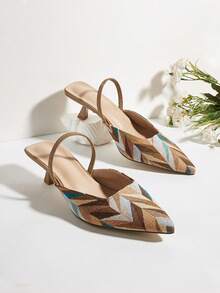 Women's Bohemian Style Kitten Heel Shoes, Geometric Woven Pointed Toe High Heels, Fashionable Ankle Strap High Heels, Formal Occasion Wedding Party Mule Shoes - Multi-colored Apricot - View 2