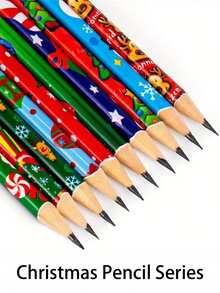 12/24 件圣诞铅笔套装带橡皮擦 - 雪人、圣诞老人、雪花和糖果设计 - 非常适合书写、绘画、奖品和派对礼物，学生必备，桌面配件，有趣的铅笔，卡通图案，书写流畅，木质，包括橡皮擦、防滑铅笔，适合办公室工作人员和艺术家 - 彩色 - 查看 11