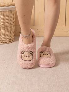 Couple's Cute Bear Design Warm Plush Slip-On Toe Cover Anti-Slip House Slippers, Suitable For Autumn/Winter