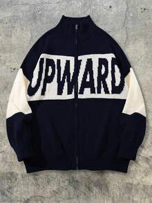 Men's Casual Loose Solid Color Ribbed English Letter Knitted Zip-Up Half-Turtleneck Cardigan Sweater, Versatile For Commuting, Autumn/Winter - Navy Blue - View 2