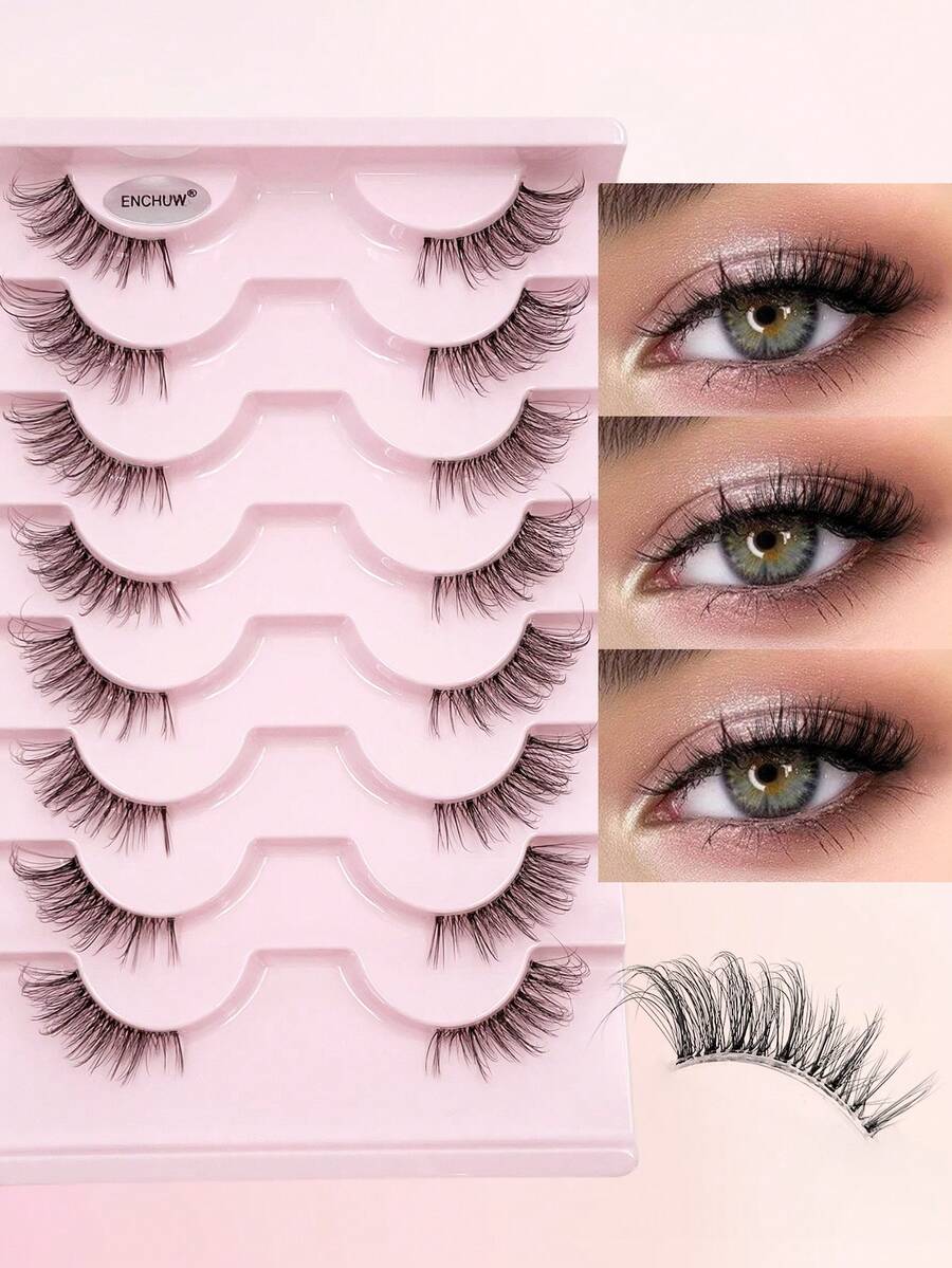 ENCHUW 8 Pairs Half Eyelash Extension Set, End Eye Elongated Fluffy 3D Lashes Natural Look False Eyelashes, Clear Band Half Eye Lashes