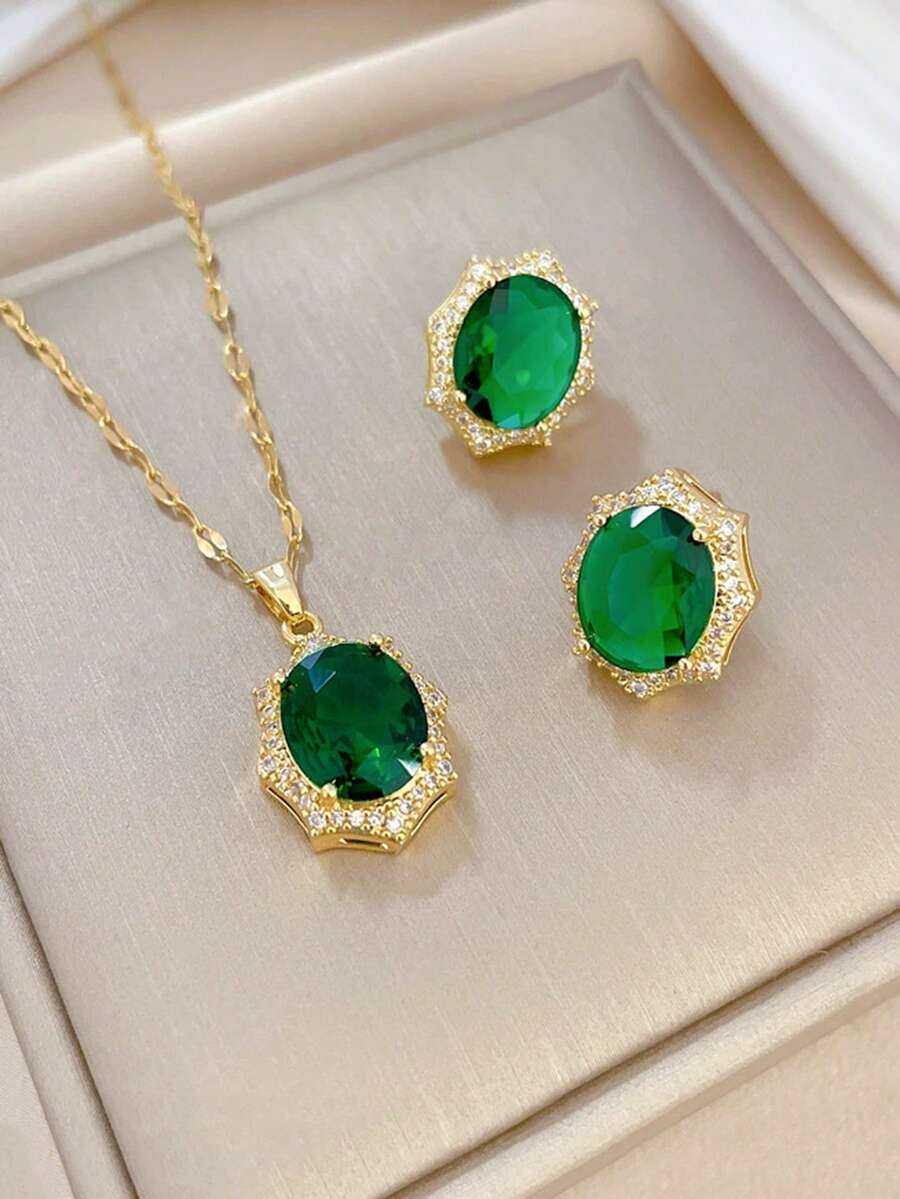 Bộ trang sức cổ điển gồm dây chuyền và bông tai đính đá hình oval ngọc lục bảo, thanh lịch dành cho nữ, thích hợp cho các bữa tiệc, đeo hàng ngày và các lễ hội. - màu xanh lá - Xem 1