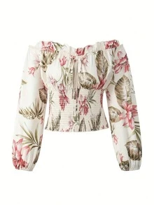 Women's Off-Shoulder Blouse, Casual Vacation Elegant Preppy Simple Floral Print Long Sleeve Shirred Top, Cinched Waist Slimming, Suitable For Daily Outings, Leisure, Commuting, Garden, Gatherings, Airport Outfit, Summer
