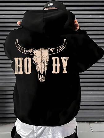 Men's Autumn Winter Black Hooded Sweatshirt With Drawstring And Pocket - Cool Teddy Bear Graphic Print - AutumnTrends - Polyester Soft Casual Hooded Sweatshirt, Fall Wear SkateOutfitIdeas, ElegantCasual StreetwearEssential