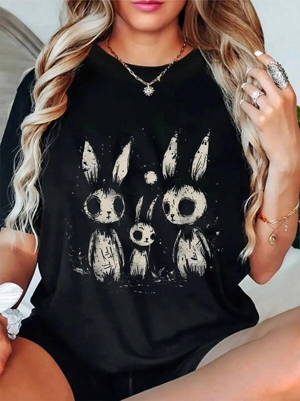Maglietta 100% cotone con conigli carini e inquietanti, stile horror gotico grunge, estetica alternativa, adatta a donne e uomini, per l'estate, morbida, con vestibilità rilassata e comfort classico