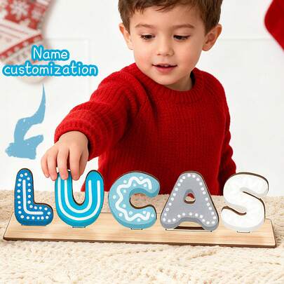 Tranh ghép hình bằng gỗ khắc tên theo yêu cầu, vật trang trí độc đáo, trang trí phòng đầy màu sắc, làm bừng sáng không gian, món quà đặc biệt cho trẻ em, Giáng sinh và Halloween (Xanh dương & Trắng)