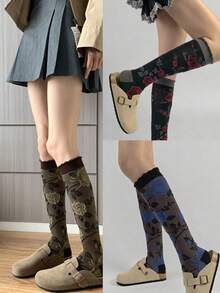 1 Pair Retro French Style Calf-Length Socks With Rose Embroidery, Elegant And Slimming, Suitable For Early Autumn