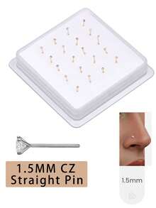 20PCS Golden Silvery Thin Nose Studs Set For Women Men 1.5mm-4mm Shiny CZ Nose Pins With L Shape, Straight, And Ball End – Nose Piercing Jewelry Case - Straight Pin - View 11