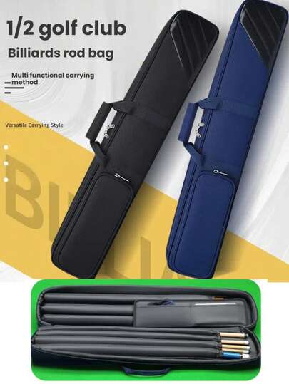 1/2 Cue Golf Club Box, Heavy-Duty Oxford Cloth Golf Club Storage Bag, Gold Toned Hardware Accessories, Portable Billiards Club With Zipper Closure, Blue And Black, Casual Sports Club Box For Students And Professionals, Billiards Accessories