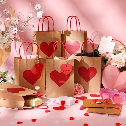 6 pièces/12 pièces Sacs-cadeaux en papier kraft en forme de cœur avec poignées, décoration de mariage de la Saint-Valentin, anniversaire, fête des mères, Nouvel An, emballage de cadeaux, sans cartes, couleur et style aléatoires