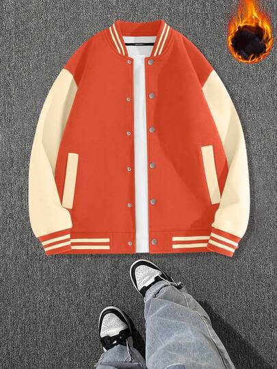 Men's Thermal Lined Baseball Jacket, Long Sleeve Single-Breasted Casual Baseball Jacket With Striped Color Blocking, Suitable For Casual Sports, Jogging, Outdoor Wear, Great Gift For Friends, Husband, Boyfriend, Spring/Autumn/Winter