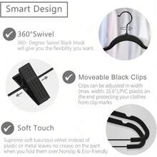 Premium All Black Velvet Pants Hangers With Adjustable Clips (Pack Of 20) Slim Skirt Hangers- Non Slip Felt Outfit Dress- Black Hooks,Space Saving Shirt Clothes -END - 黑/黑 - 查看 2