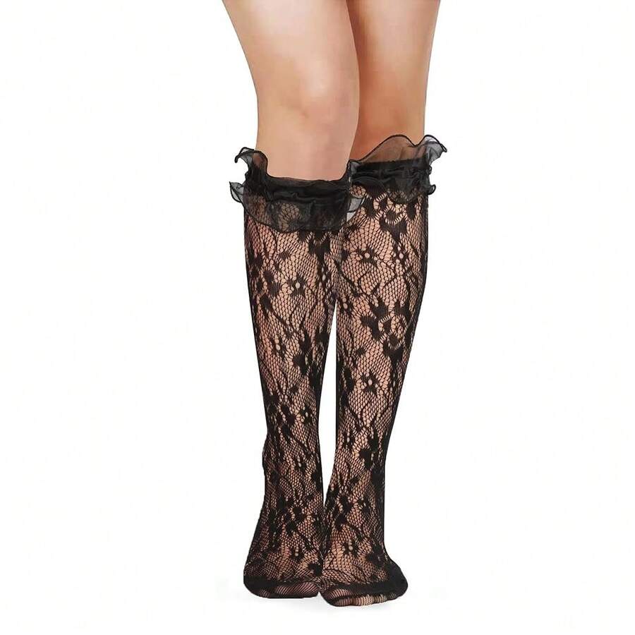 Benefeet Sox Lace Knee High Socks Women Girls Patterned Mesh Fishnet Knee High Stockings Hollow Calf Lolita Sock{"Color_name":"Black-BigLaceRuffleFloral"} - 黑色-大蕾絲荷葉邊碎花 - 查看 1