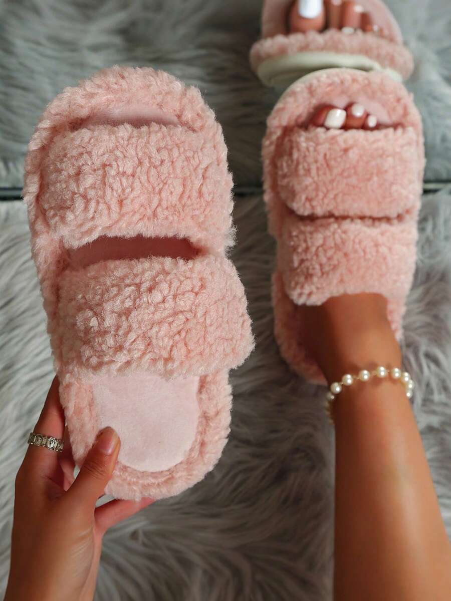 Fall/Winter Women's Warm Plush Slip-On House Slippers, Soft Sole Thickened Simple Fluffy Indoor Anti-Slip Slippers - Pink - View 1