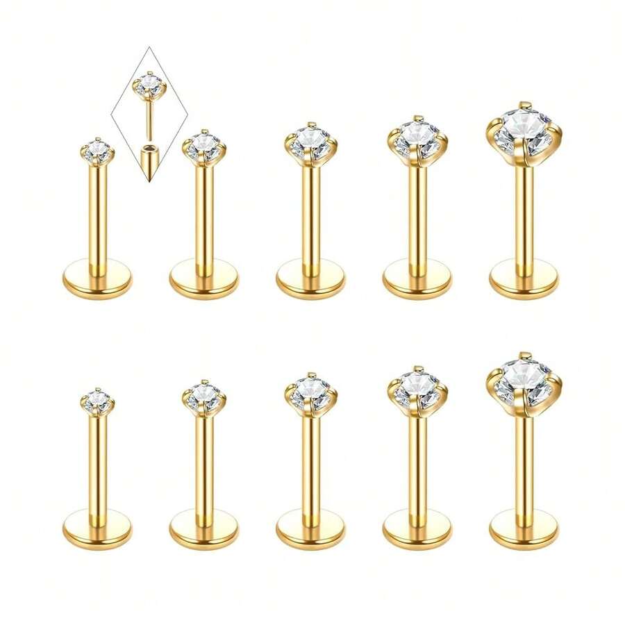 Oveta Threadless Nose Stud Stainless Steel 20G 18G 16G Threadless Flat Back Tragus Earrings Labret Medusa Monroe Ashely Lip Piercing Jewerly Gold{"Color_name":"18G"} - 18克 - 查看 1