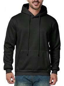Sudadera con capucha casual de manga larga con cordón, bolsillos y diseño deportivo para hombres, de moda - Negro - Ver 7