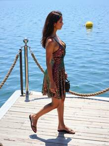 D&M Colorful Sequin Waist Ruched Criss-Cross Strap Dress - Multicolor - View 9