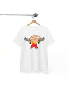 Men's Retro Family Guy Stewie Cartoon Graphic T-Shirt - Heavy Cotton, Comfortable & Stylish, White With Yellow & Red Character Design, Perfect For Casual Wear, Training, Running, And Sports - 白色 - 查看 1