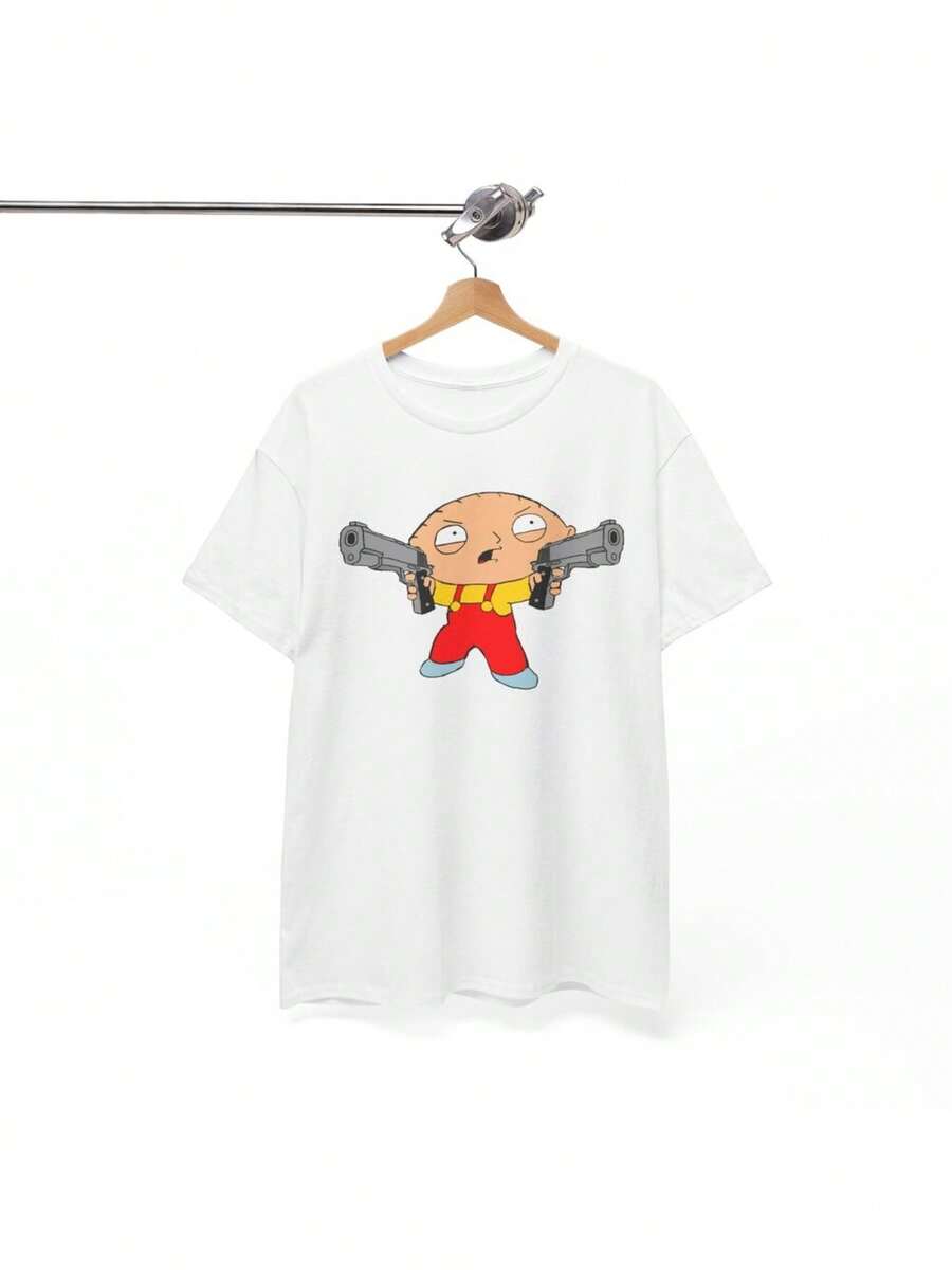 Men's Retro Family Guy Stewie Cartoon Graphic T-Shirt - Heavy Cotton, Comfortable & Stylish, White With Yellow & Red Character Design, Perfect For Casual Wear, Training, Running, And Sports - 白色 - 查看 1