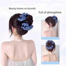 Blue And Black Claw Clip Bow Hair Bun Hair Accessory, High-Temperature Resistant Wig Bun Hairpiece