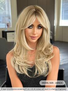 Elegant-24 Inch Layered Blonde Highlights Wigs For Women, Long Straight Wigs With Curtain Bangs, High Density Fluffy Synthetic Heat Resistant Fiber Hair Wig For Daily Party Wear, Music Festival Party Use - 挑染金色 - 查看 3