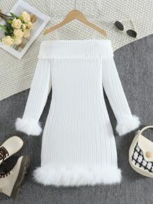 Gaun Rajut Lengan Panjang Kasual Model Off Shoulder untuk Anak Perempuan Remaja, Desain Manset & Hem Berbulu, Cocok untuk Pesta, Acara Kumpul-kumpul, Musim Gugur/Dingin, Dapat Dicuci dengan Mesin - Putih - View 7