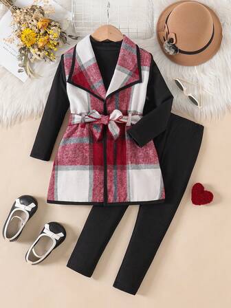 Mädchen Lässig Karomuster Kragen Ärmellose lange Weste Jacke + einfarbiger gerippter Rollkragen Langarm Top + Hose Set + Gürtel