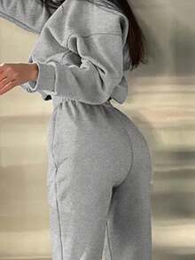 Set de 2 piezas de mujer con sudadera con capucha y pantalones de chándal de unicolor, para otoño/invierno - Gris - Ver 3