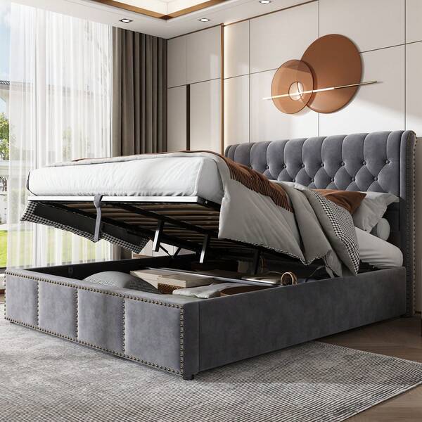 Upholstered Bed, With Hydraulic Lever, Functional Bed With Storage, Rivet Decor, 140 X 200 Cm, Without Mattress, Velvet, Grey