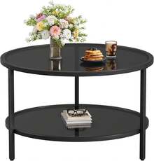Mesa de centro redonda de vidrio de 2 niveles con estante de almacenamiento para espacio grande o pequeño, mesa central moderna simple con marco dorado para sala de estar, oficina en casa, - Mesa de centro de dos niveles-negro - Ver 10