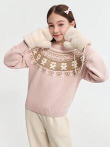 Balabala 2025年冬季女童费尔岛针织毛衣，舒适套头衫 - 紅白色調 - 查看 2