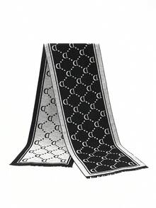 1 pieza Bufanda corta con flecos de doble cara de imitación de cachemira, cálida y suave, para hombre, adecuada para mantener el calor, ropa exterior, viajes, fotografía, regalos festivos - Blanco y Negro - Ver 6