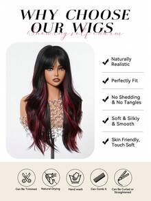 Topshe Ava WIGS 26吋紅色漸層黑色合成假髮，附瀏海，無需黏膠，耐熱，無蕾絲，黑色與紅色長波浪假髮，適合女性日常、派對、Cosplay、節日禮物、時尚選擇、萬聖節 - 拼色 - 查看 7