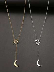 1 buah Kalung Liontin Matahari & Bulan Panjang Elegan untuk Wanita - Emas - View 3