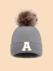1pc Unisex 26 Letter Decor Faux Fur Pom Pom Knit Beanie Hat, Versatile Warm Windproof Casual Cap, Suitable For Autumn/Winter Outdoor Wear, Great Gift Men Women Clothing Winter