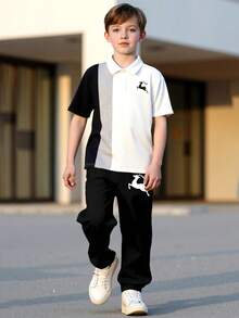 2pcs/Set Tween BoySummer Short Sleeve Polo Shirt & Elastic Cuff Pants Set, Deer Print Colorblocked Casual Outfit