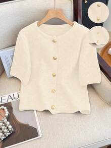 1pc Women's Solid Color Metallic Button Sweater, Casual Round Neck Short Sleeve Cardigan, Versatile Knit Sweater Tops, Autumn/Winter - Apricot - View 8