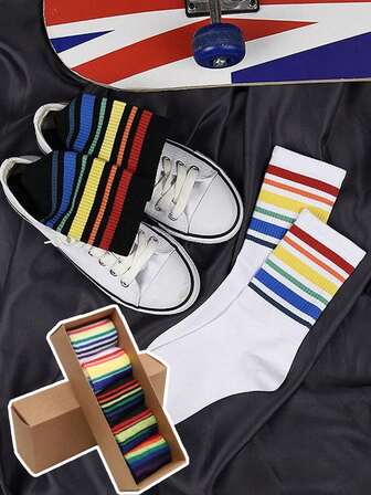 5 paia di calze sportive a righe arcobaleno da uomo, traspiranti e imbottite, calze casual e sportive unisex a mezza gamba