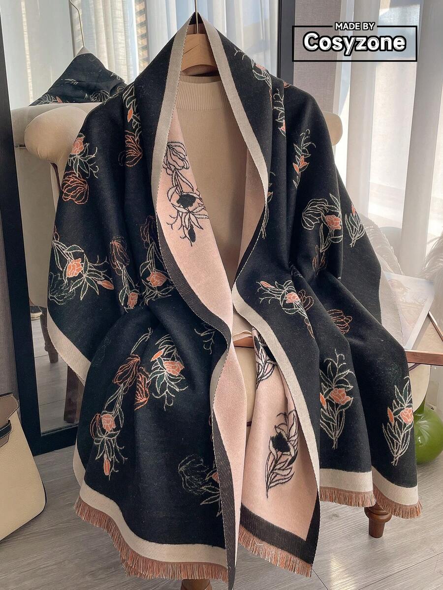1条花卉提花针织围巾，保暖时尚，适合秋冬季节，可作披肩或围巾，百搭装饰连衣裙。 - 玫瑰黑色 - 查看 1