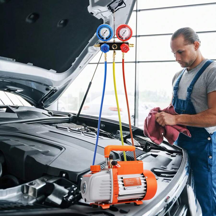 1/4 HP 4.5 CFM AC Bomba de vacío y juego de manómetros, paleta rotativa de una sola etapa HVAC Bomba de vacío de aire A/C Juego de refrigerante Juego de manómetros, con bolsa de transporte de manguera de tres colores, aplicable a R134a, R410a - 1/4 HP 4,5 CFM - Ver 1