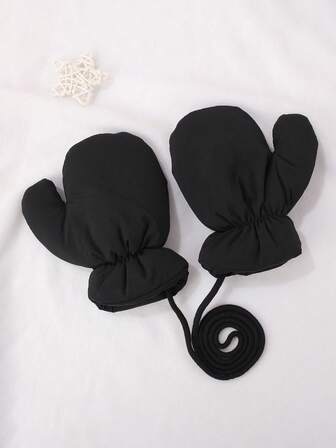 1 Çift Çocuk Düz Renk Basit Boyun Askılı Eldiven, Erkek ve Kız Bebek Açık Hava Sporları Kayak Su Geçirmez Sıcak Antifriz Eldiven