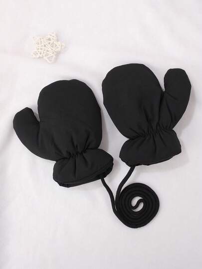 1双儿童纯色简约颈挂手套，男童女童宝宝户外运动滑雪防水保暖防冻手套