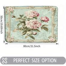 1pc Flannel Vintage Floral Bath Mat With Pink Roses & Green Leaves - Elegant Light Green Background, Soft Flannel Material, Perfect For Bathroom, Bedroom, Kitchen, Entryway, Indoor & Outdoor Home Decor, Indoor Decor Mat - 白色 - 查看 4
